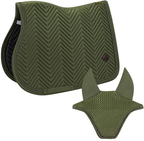 Equimour Hoppschabrak Set Classic Sage – 2 delar med flughuva | 2-delat set: fjäderskrapa och matchande flughuva – andningsbar, halkfri och slitstark