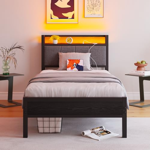 BORPHOM Säng 90 x 200 med LED och USB, enkelsäng, gästsäng, metallsäng, klädsel, sängram av metall, ungdomssäng, med ribbotten, sänggavel i grå, för sovrum, gästrum
