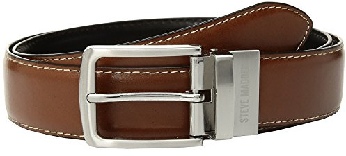 Steve Madden Reversible Men's Dress Casual Every Day Leather Belt, Cognac/Black (Feather Edge), 40