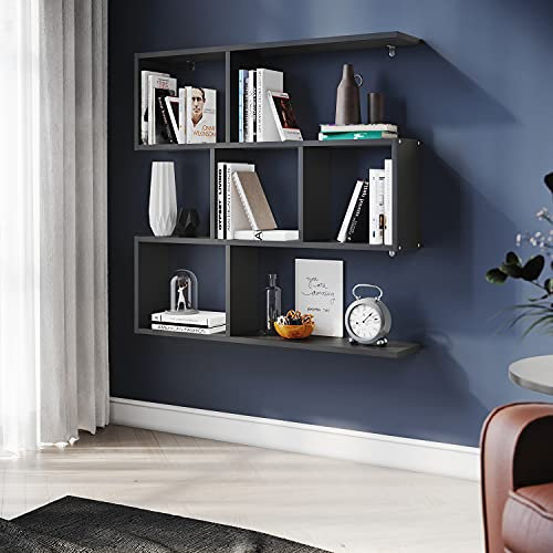 ELEGANT Wall Mounted Shelf Bookcase, Multi-Compartment Display Wall Shelves, Perfect for Living Room, Bedroom, Bookcase Storage Home Furniture,Black