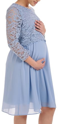 Herzmutter Moderskapsklänning - klänning för kvinnor Bröllop - Bröllopsklänning - Chiffon Spets Graviditetsklänning - Festlig - Elegant Knälång Lång Arm - Sommar Cocktail Party - 6400 (S, Ljusblå)