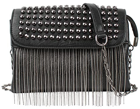 MEGAUK Mini Niet Handtasche Kette Fransen Umhängetasche Cross Body Taschen Elegante Kettentasche Punk Clutch Bag Abendtasche mit Kette Riemen Metall Schultergurt