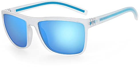 ZENOTTIC Gafas de sol polarizadas para hombre ligero TR90 marco UV400 protección gafas de sol cuadrado, C12 Marco transparente/Lente espejo azul, L