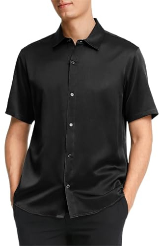 LilySilk Classic Silk Mens Shirt Short Sleeves with Kent Collar Button-Down Silk Summer T-Shirt for Formal Casual Black L