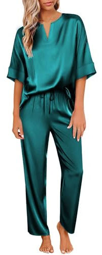 Ekouaer Ensemble de Pyjama Femme en Satin Manche Courte Vêtements de Nuit pour Toutes Les Saisons Soie Sleepwear Pantalons Longs Style Classique,S-XXL