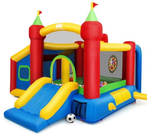 RELAX4LIFE Castello Gonfiabile per Bambini con Recinzione a Rete, Centro da Gioco con Scivolo, Trampolino Gonfiabile da Giardino (MODELLO 15)