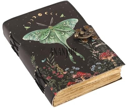 ANANYOM Handmade Leather Journal, Luna Moth and Morpho Butterfly Vintage Leather Notebook Diary Sketchbook, With 200 Blank Deckle Paper, Unruled, Brass Clasp Lock Journal for Men & Women, Black
