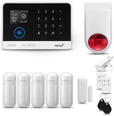 HUXGO® HXA003 Alarmanlage Haus WiFi + GSM 4G mit Funk Sirene | Tuya Smartlife App | Alarm System mit Fenstersensor, 5X Bewegungssensor | Alarmanlage Wohnung, Garage | Smart Home Security