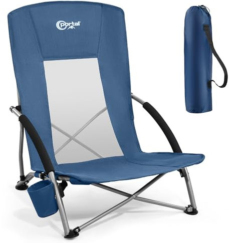 Portal Chaise de plage pliable légère - Chaise de camping - Tissu respirant - 150 kg - Sac de transport - Porte-boisson