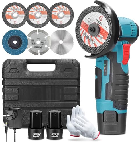 Mini Cordless Angle Grinder,12V Brushless Grinding Machine with 2PCS 2000mAh Battery, for Cutting Polishing and Sharpening, Side Disc Grinder 19500 RPM Tool with Grindering Wheel