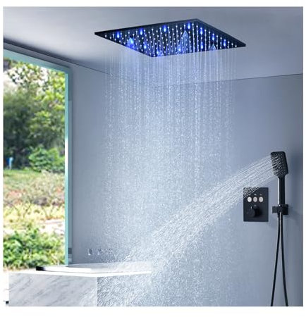 SWHC Colonne de Douche Encastrée LED Colonne de Douche Thermostatique Noir Ensemble Douche Encastré Multifonctionnel Système Douche Laiton Kit Douche avec 40 CM Pommeau et Douche 3 Modes