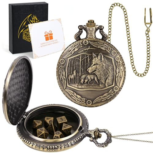 Ulikey Mini DND-Würfel Set, 7-Teiliges D&D-Würfelset aus Polyedrischem Metall für Brettspiel Dungeons, DND WürfelSet Rollenspiel mit Einem Steampunk-Taschenuhr Etui (Geprägter Wolfskopf)