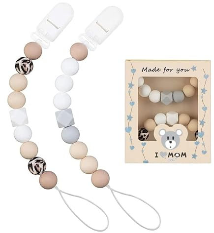 Schnullerkette aus Silikon,Schnullerband für Babys MäDchen und Junge,BPA-frei Sicherheitsgurte für Spielzeug,Einteiliger Schnullerhalter und Beißringspielzeug,2er-Pack (Leopard + Khaki)
