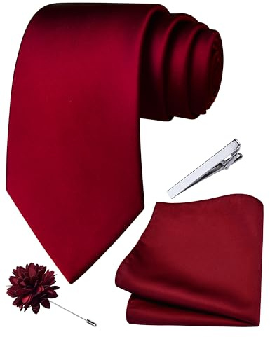 Branduce Wine Burgundy Tie for Men Wedding Solid Satin Silk Blend Necktie Pocket Square Tie Clip and Lapel Pin Brooch Set (TA14-33)