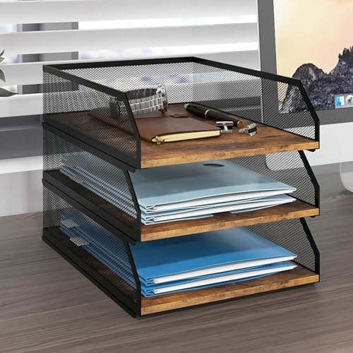 PUNCIA 3-Tier Stackable Paper Tray, Metal Mesh Desktop Organiser
