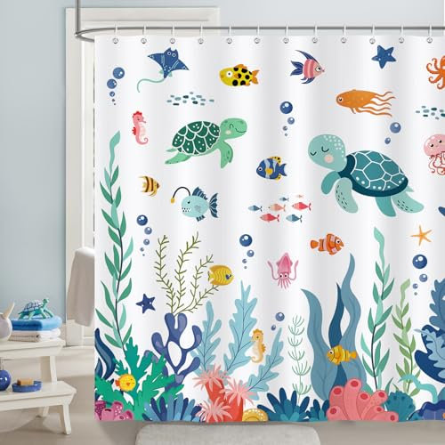 Bonhause Cortina de Ducha para Niños Animales de Océano Dibujos Animados Cortina de Baño de Poliéster Impermeable Antimoho Lavable Cortina Ducha 180 x 180 cm con 12 Ganchos