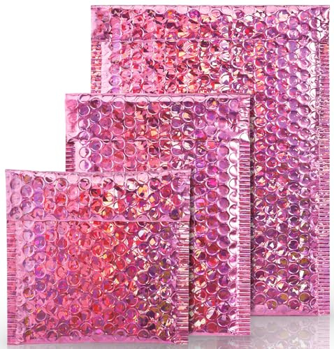 Enjamyo 50 Pieces Holographic Bubble Mailers,3 Size Metallic Bubble Mailers,Foil Glitter Padded Envelopes,Waterproof Shipping Bags,Self Sealing Cushion Envelopes for Mailing Packing(Rose Red)
