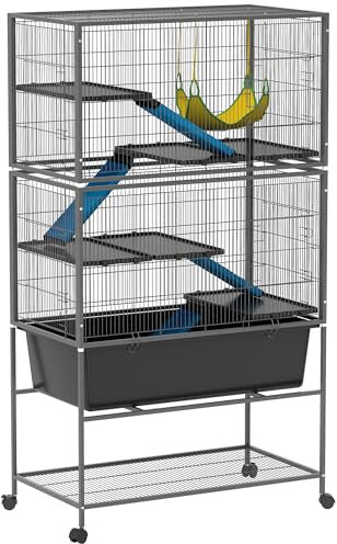 PawHut Kleintierkäfig, Nagerkäfig Frettchenkäfig mit ausziehbarem Tablett Mäusekäfig mit Rampen, Hängematte, Rollen, Ablage, Käfig mit Zubehör für Eichhörnchen, Zwerghamster, Chinchilla Dunkelgrau