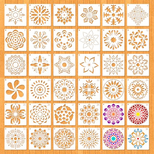 MWOOT 36 Piezas Plantillas de Mandala, Diseño Floral en Plástico para DIY, Modelo de Dibujo Reutilizable, Stencils para Aplicar en Piedra, Tela, Pared y Lienzos Decorativos (10x10 cm)