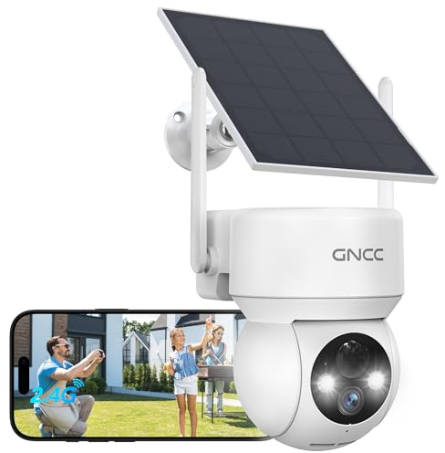 GNCC Telecamera WiFi Esterno Senza Fili con Pannello Solare, 2MP Videocamera Sorveglianza Esterno a Batteria 5200mAh, Rilevamento PIR/Umano, 360° PTZ, Visione Notturna a Colori, Audio Bidirezionale