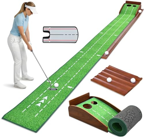 Tappetino da golf con ritorno automatico e guida in legno, per interni con specchio e 2 fori, mini golf per casa, pieghevole, per ufficio/giardino, regalo per uomini