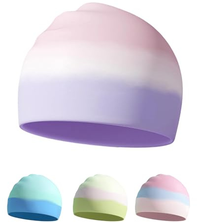 Badekappe Kinder von 6-14 Jahren, Sicheres Silikon, Wasserdicht, rutschfest, Bunte Farbverläufe (Lila-Rosa-Farbverlauf)