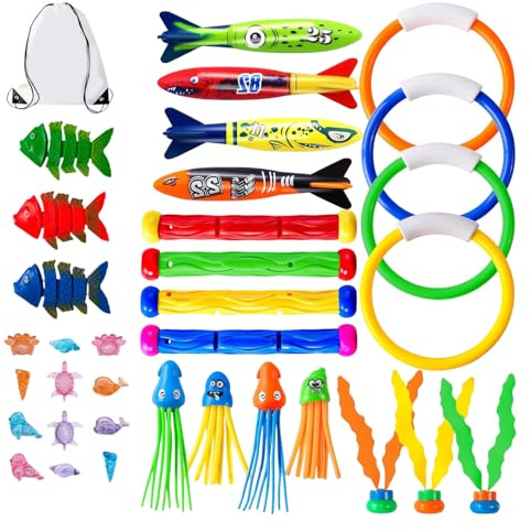 Juguetes de buceo en piscina,con Anillos, Juegos Acuáticos Flotantes Divertidos | Juguetes de Buceo y Natación en Piscina 35 Piezas - para Niños y Niñas, Exterior, Viajes, Vacaciones, Verano, Cumpleañ