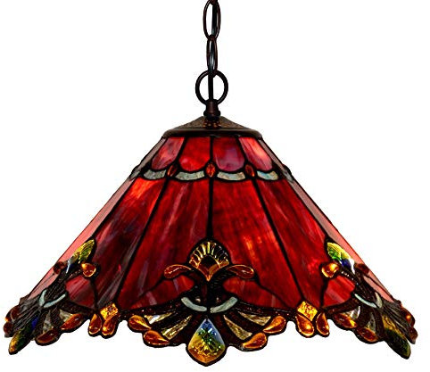 Bieye L30059 Baroque Tiffany Style Stained Glass Ceiling Pendant Light with 17-inches Wide Handmade Lamp Shade for Living Room Bedroom Kitchen, Red…