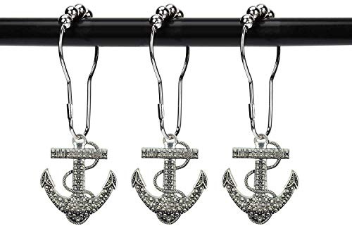 ZILucky Set of 12 Anchor Shower Curtain Hooks Decorative Home Bathroom Nautical Ocean Boat Sailing Tropical Beach Island Coastal Bath Theme Style Stainless Steel Rustproof (Silver)