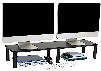 Mind Reader Dual Monitor Stand, Height Adjustable, Desktop Organizer, Laptop Riser, Office, 38.5L x 11W x 2.55-6.5H, Black