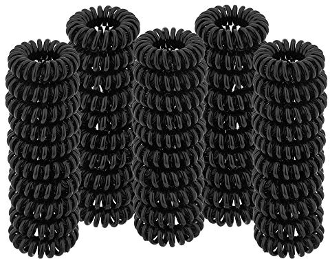 Spiral Hair Ties (Small Black, 50 Pcs Plastic Spiral) - Coil Ponytail Holders for Thick Hair, No Crease Phone Cord Ties for All Types