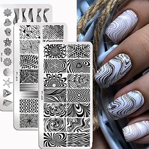 3Pcs Nagel Schablone Stempel Set,Mwoot Geometry Lines Theme Nail Stamping Plate, Nail Art Plates Nagelstempel Maniküre Tool Kit,Nagel Stamping Schablonen