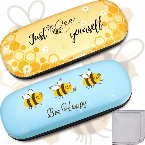 Weewooday 2 Pack Glass Cases for Women Honeybee Hard Shell Animal Pattern Sunglasses Cases Clamshell Eyeglasses Storage Box with 2 Lens Cleaning Cloth for Spectacle Protection, Storage(Honeybee)