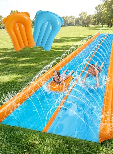 Sloosh 762 × 183 cm doppio scivolo d'acqua per prato con irrigatore e 2 tappetini gonfiabili per adulti bambini, ideale per feste estive, giardino e attività all'aperto