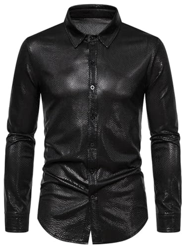 Fulbant Camicia da uomo in pelle di serpente metallica lucida 2022 anni '70 discoteca party camicia a maniche lunghe abbottonata Halloween, Nero , XXL