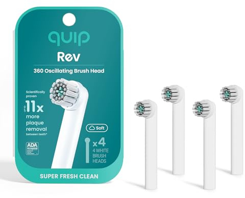 quip Rev Oscillating Electric Toothbrush Heads - 4 Pack - Verified quip Brush Head Refills for Oscillating Toothbrushes - Soft Bristles, Dual-Length, Compact - Last 3 Months Each - White