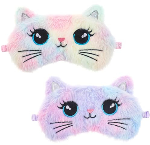 Sovmask för barn, 2 st söt katt sovande ögonmask färgglad mjuk plysch flickor sovmasker bekväma roliga djur natt ögon masker för sömn för kvinnor flickor hem resor