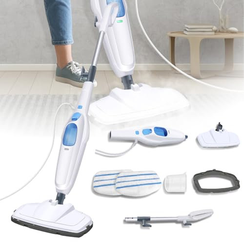 Heißdampfreiniger 1500W Dampfbesen Multifunktions Reiniger Dampf Mop Bodendampfreiniger mit 4,8m Kabel, 2 Bodentuch, Wassertank, Teppichgleiter, Handdampfreiniger für Boden, Teppiche und Badezimmer