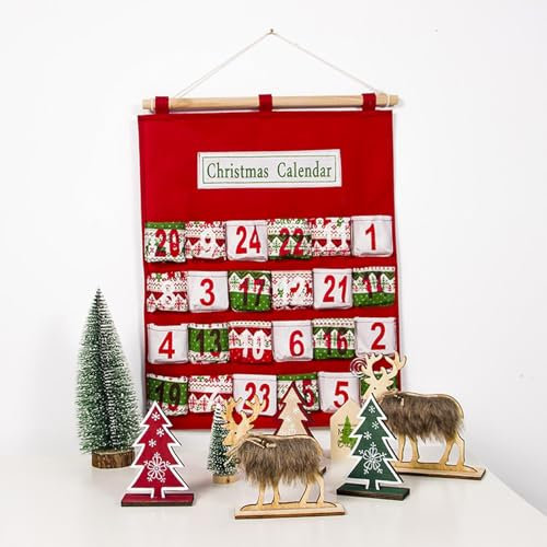 Calendrier de L'Avent de Noël avec Poches, Calendrier de L'Avent en Tissu avec 24 Poches, Sac à Suspendre au Mur, Calendrier de L'Avent Réutilisable à Suspendre 2024 pour la Maison, le Bureau, L'école