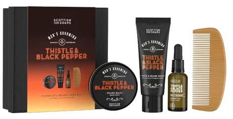 Scottish Fine Soaps Men's Grooming Thistle & Black Pepper Complete Beard Care Kit – Gift Set for Him, Beard Balm, Beard Oil, Face Wash and Comb in Set