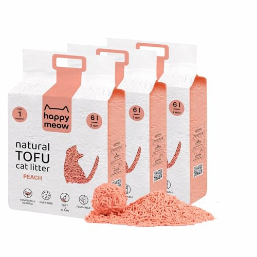 HAPPY MEOW Arena de Tofu para Gatos (18L/7,5Kg) - Natural y Biodegradable - Aglomerante Instantáneo, Bajo en Polvo, Control de Olores Duradero, Ultra Absorbente, Desechable en el Inodoro (Melocotón)