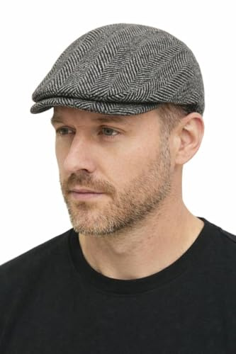 London Design Men's Herringbone Tweed Wool Blend Flat Cap, Silver Grey, One Size Fits 56-58cm,Fully Lined