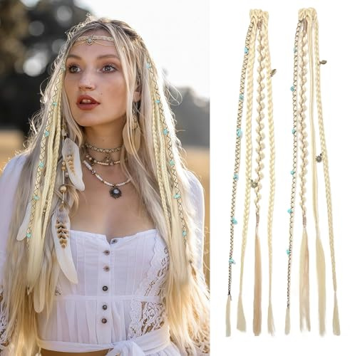 Dsoar Clip in Boho Braids 20 Pollici 2 Pezzi Posticci Intrecciati Bohémien con Perline e Ciondoli Dread Sintetici Resistenti al Calore per Cosplay Uso Quotidiano