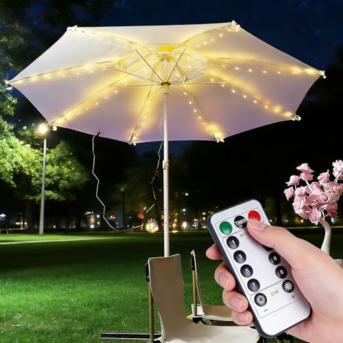 Parasollbelysning, LED parasollbelysning, 8 lägen med fjärrkontroll, trädgård, parasollljusslinga, LED, parasoll, ljusslinga, paraply, ljuskedja, IP67, utomhus, inomhusdekoration (varmvit)