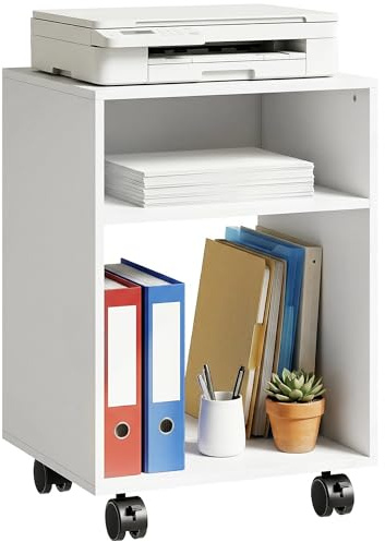 HOMCOM Mobile Porta Stampante con Ruote a Freno, Mobiletto per Stampante in Legno con 2 Scomparti Aperti, Multiuso per Ufficio Studio per Formato A4 e Lettera, 40x35x55 cm, Bianco