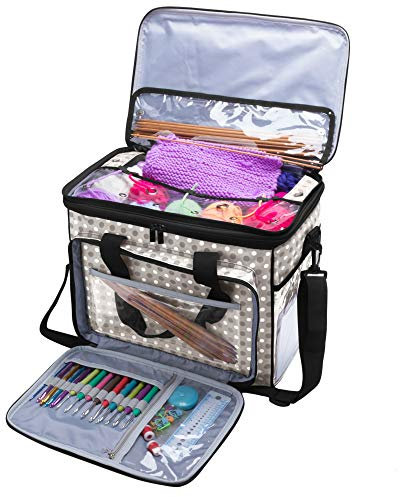 Teamoy Aufbewahrungstasche für Wolle, die geeignet zum Transportieren von Strick-/Häkeln wolle ist und Taschen für Zubehör, mit doppeltem Deckel, (kein Zubehör im Lieferumfang enthalten), Grau Punkt