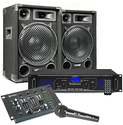 MAX12 DJ Komplettset PA Anlage - 1400 W, 2X 12″ Lautsprecher inkl. Verstärker, Mischpult & Mikrofon, MP3 USB/SD Player, AUX & Phono-Eingänge – Mobile Musikanlage für Party, Events & Karaoke Anlage