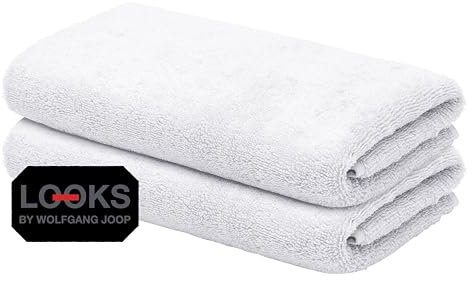 LOOKS by Wolfgang Joop 2X Gästehandtuch 30x50 cm – 100% Baumwolle Doppelpack Luxus Gästehandtücher mit Aufhänger & Logostick, 2er Set Gästetuch weiß