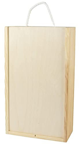 Caja de madera para 2 botellas de vino con tapa corredera y asa de cuerda - Tapa deslizante - 35x19x9 cm
