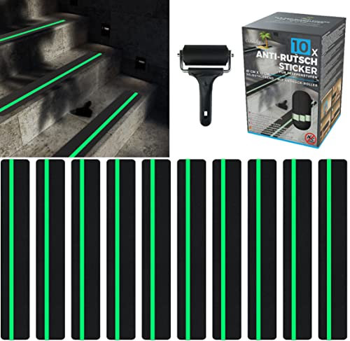 cocofy Anti Rutsch Streifen Treppen außen und innen 10x Streifen (61x10 cm) leuchtend fluoreszierend schwarz Starker Halt Oberfläche Rutsch-Schutz für Treppenstufen Antirutsch Stufenmatten außen